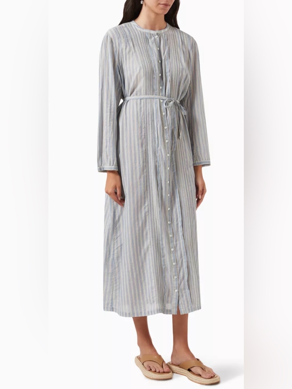 DÔEN Lorena Blue Stripe Organic Cotton Button Front Maxi Shirt Dress S Old Money